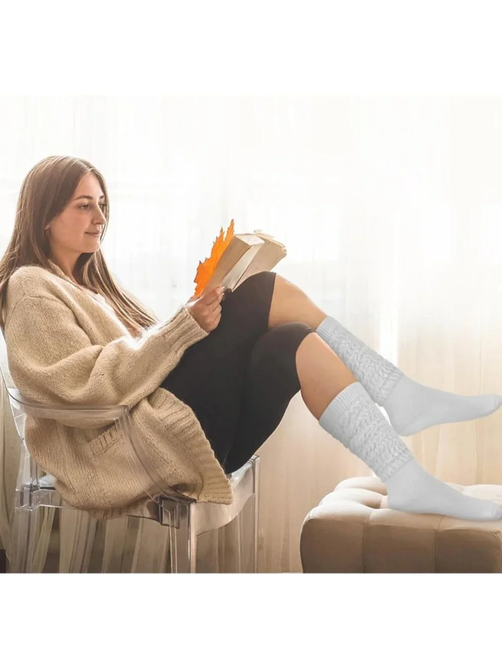 🧦Women's White Black 4 Pairs Slouchy Socks Boot Long Knee High Slouch Socks